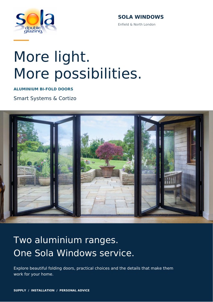 Cover of the Sola Windows Smart and Cortizo aluminium bi-fold door brochure
