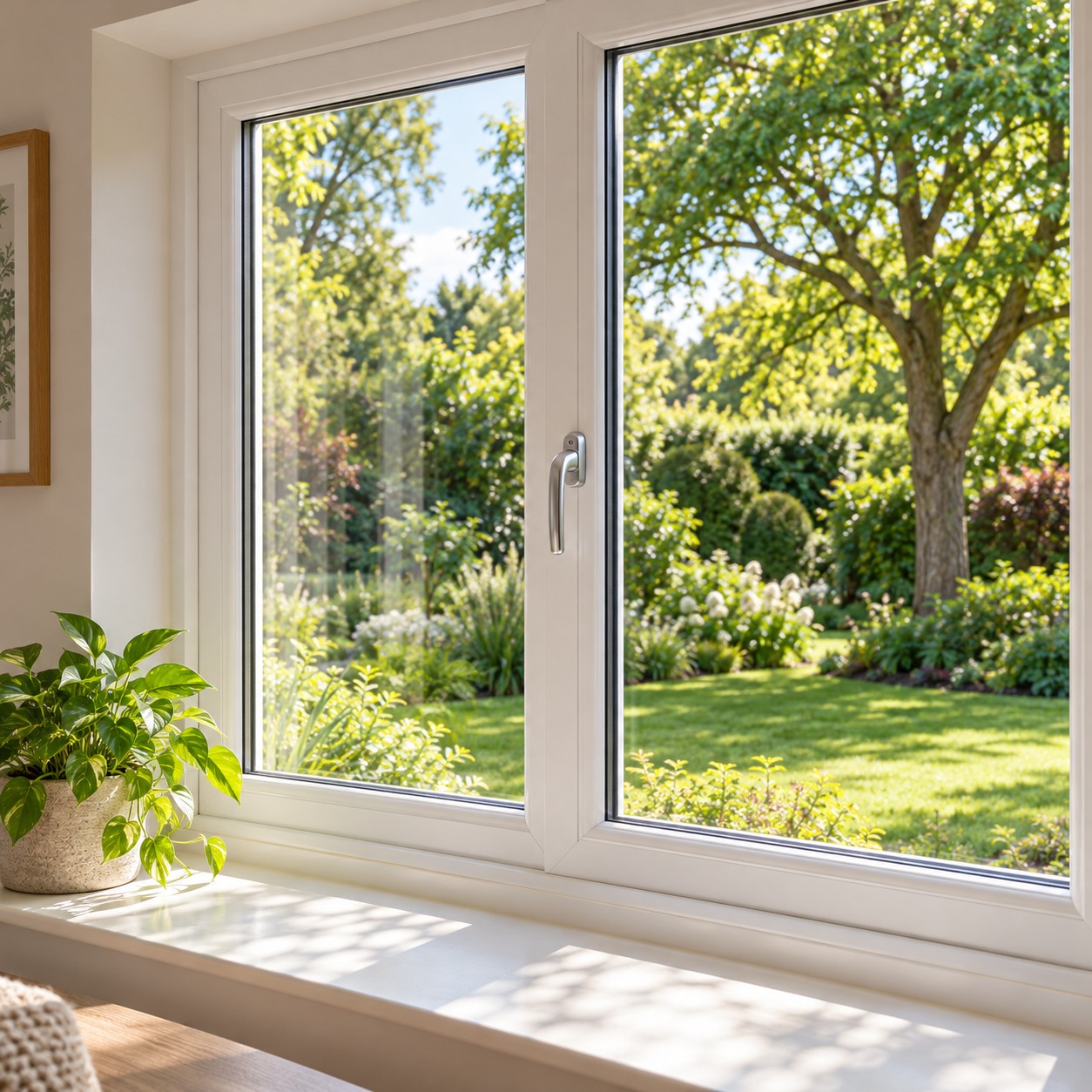 Illustrative white PVC-U window overlooking a green garden