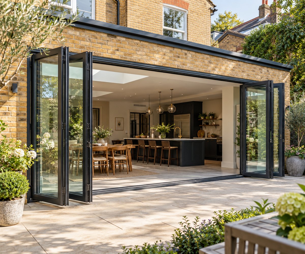 Illustrative anthracite aluminium bifolding doors opening onto a patio