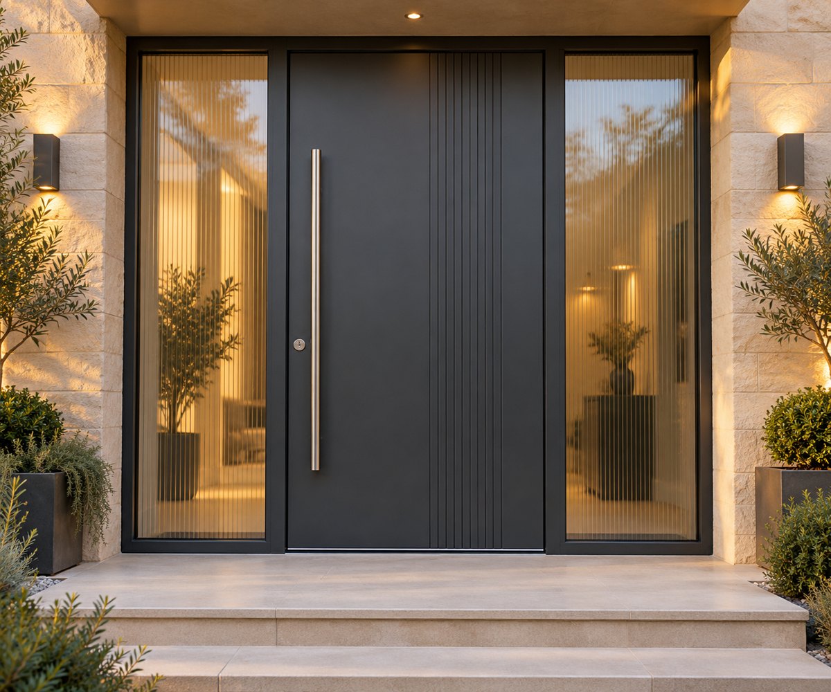 Illustrative aluminium front entrance door with full-height glazed sidelights